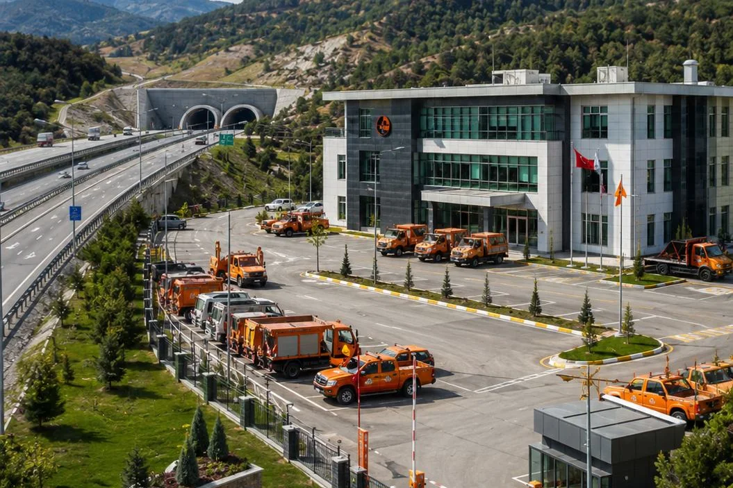 KGM regional facility with service vehicles and a highway tunnel